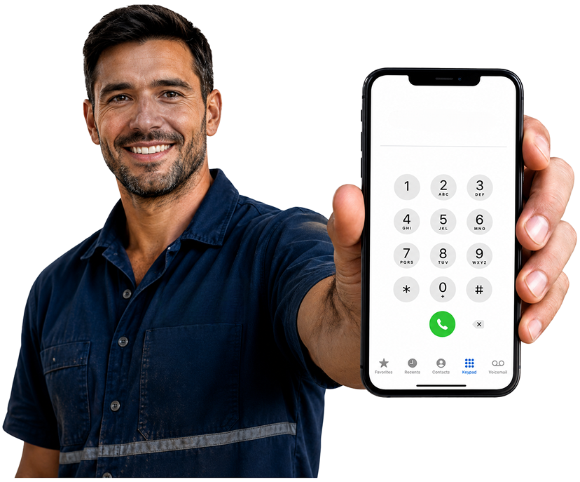 Kirrawee Blocked Drains plumber holding a phone — call 1300 261 965