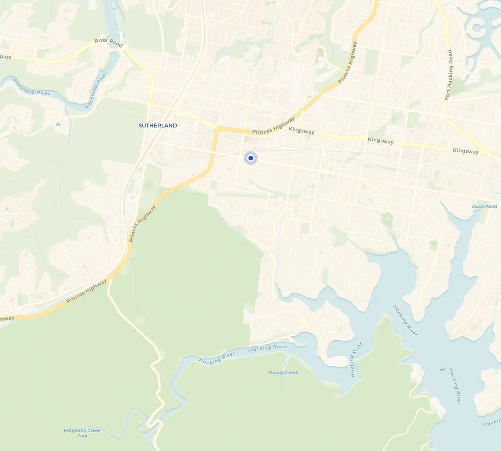 Map of the Kirrawee service area and the surrounding Shire, showing Kirrawee and the nearby streets we cover.