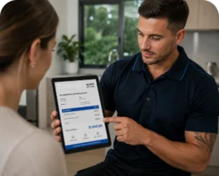 Plumber showing a Kirrawee customer the quote on a tablet