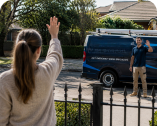 Customer waving goodbye to a Kirrawee Blocked Drains plumber