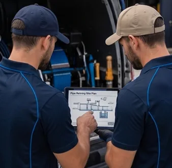 Licensed plumber reviewing CCTV drain footage before relining